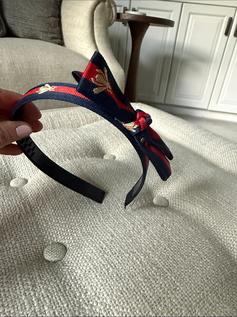 Navy and Red Bow Headband with Gold Embroidered Bees